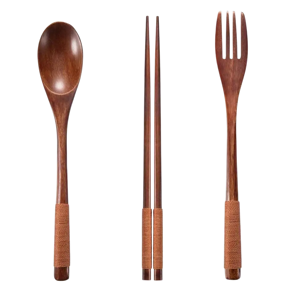 Set of three eco-friendly wooden flatware utensils with woven handle grips for portable use