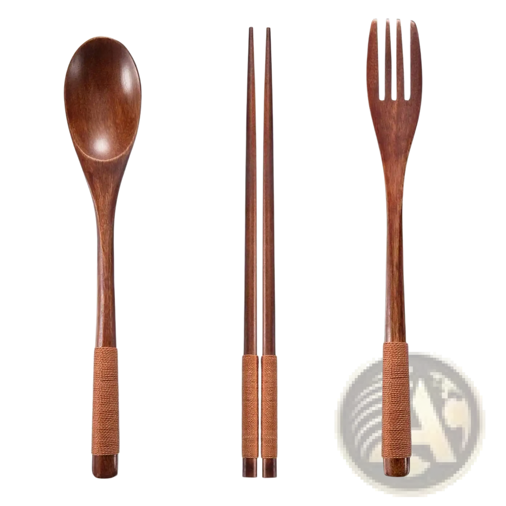 Set of three eco-friendly wooden flatware utensils with woven handle grips for portable use
