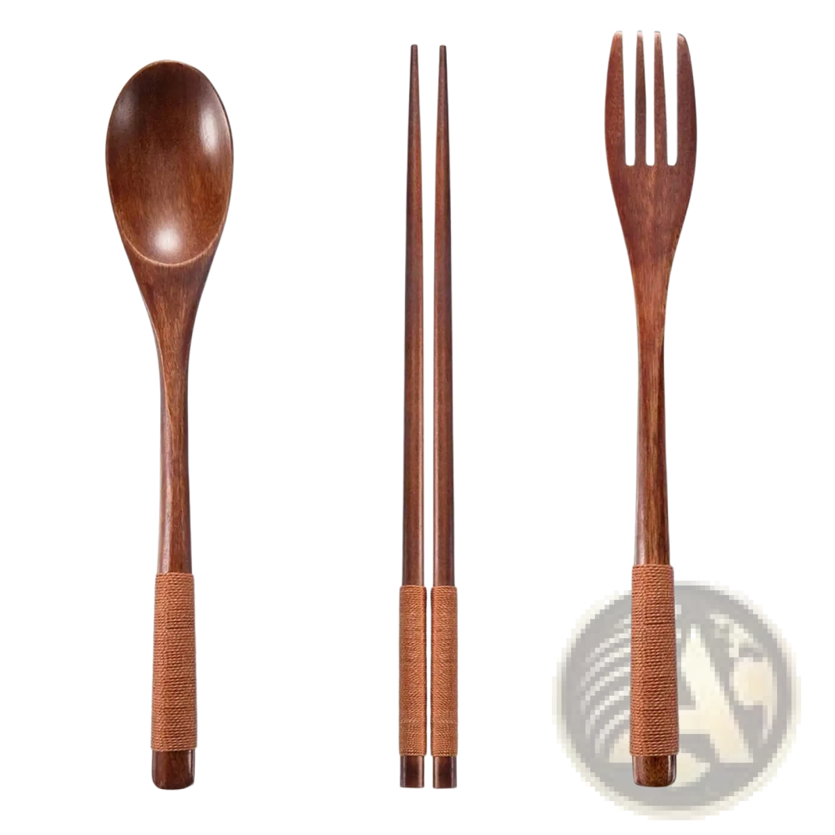 Set of three eco-friendly wooden flatware utensils with woven handle grips for portable use