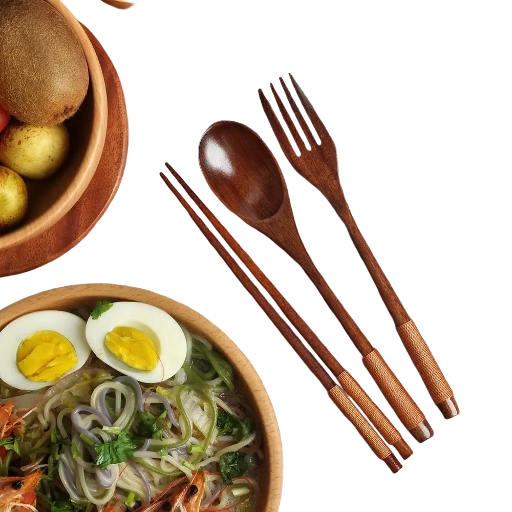 Set of wooden flatware with rich dark brown finish and textured grip handles eco-friendly portable cutlery