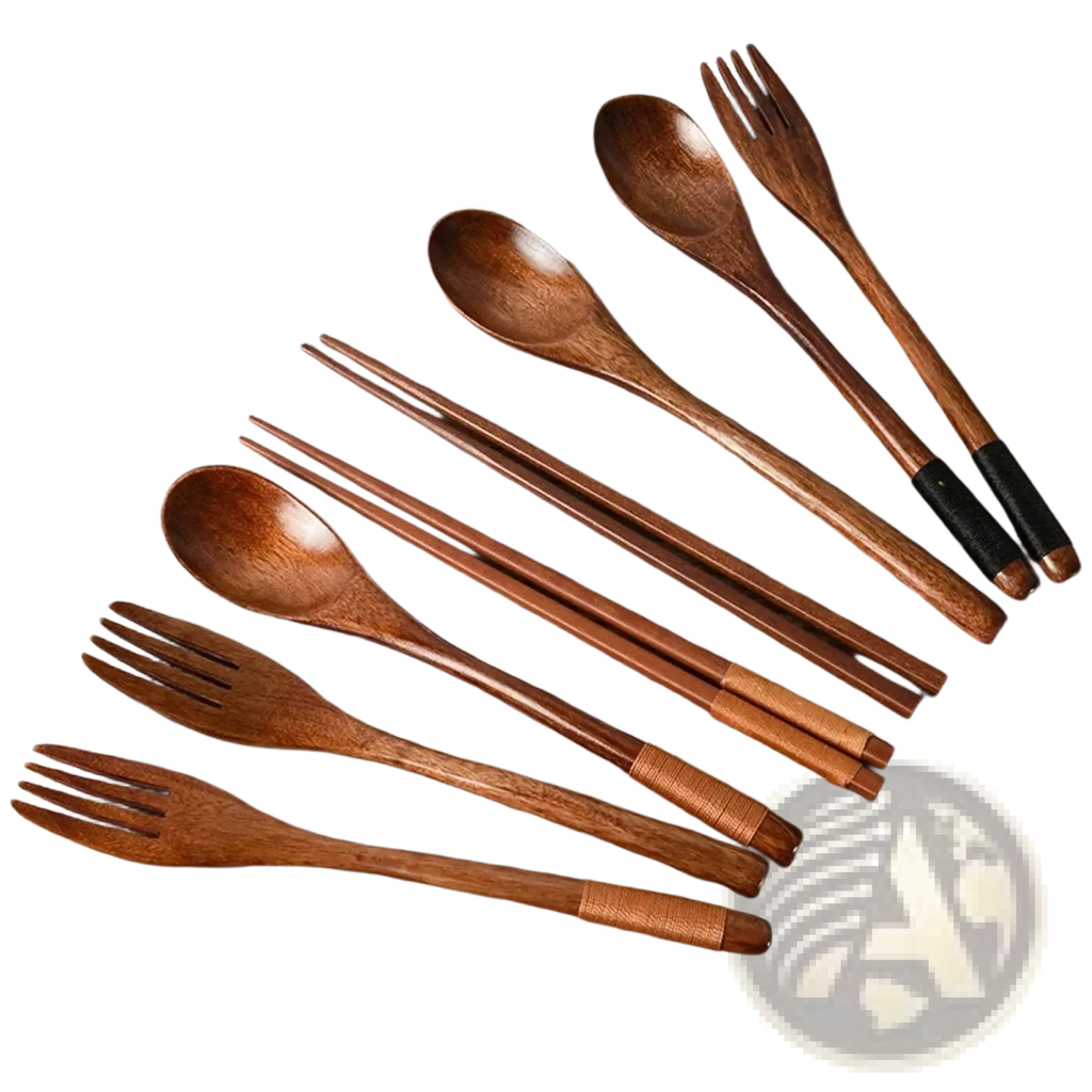 Set of wooden flatware with natural wood grain and black rubberized handles eco-friendly portable cutlery set