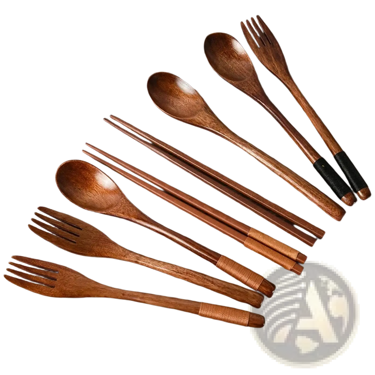 Set of wooden flatware with natural wood grain and black rubberized handles eco-friendly portable cutlery set