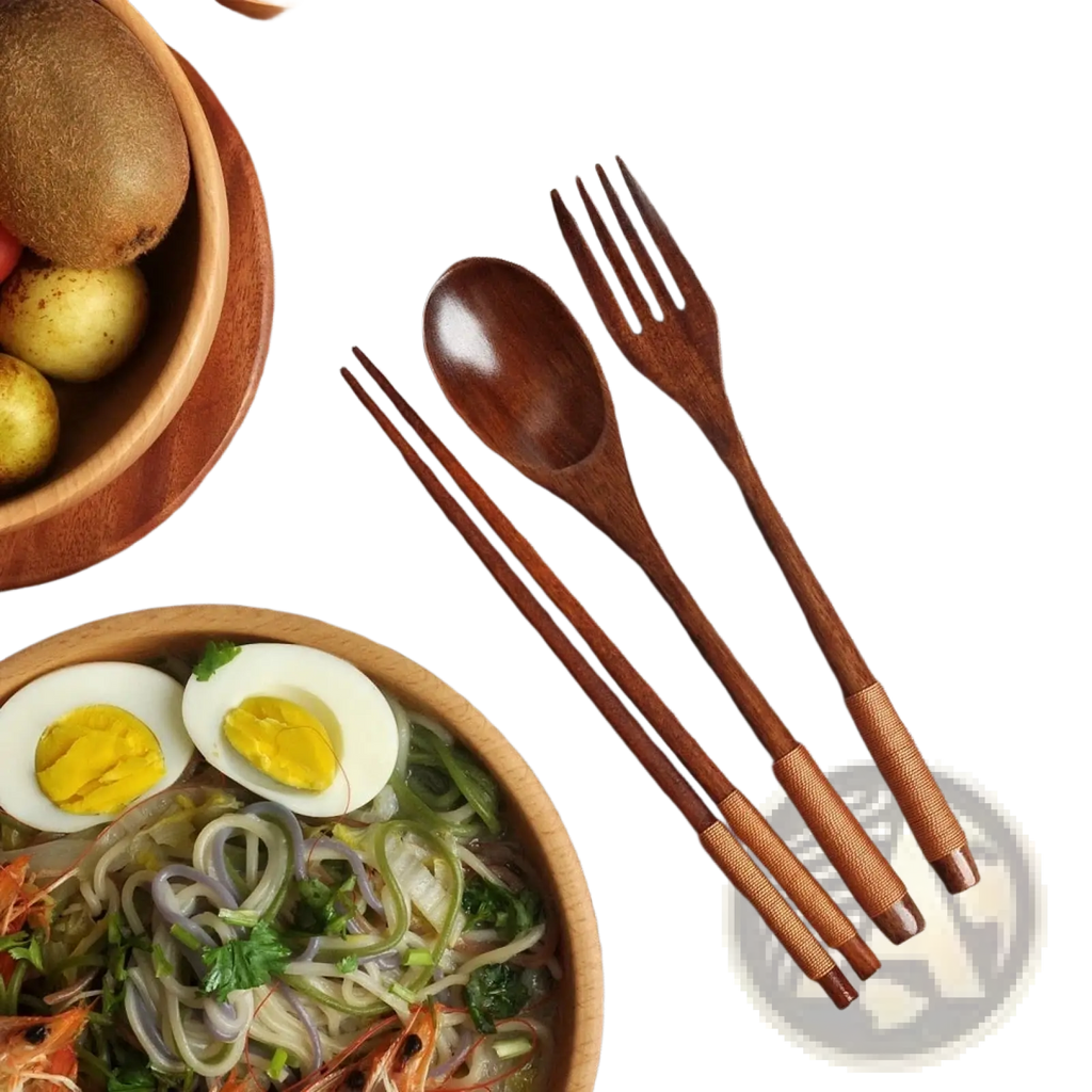 Set of wooden flatware with rich dark brown finish and textured grip handles eco-friendly portable cutlery