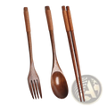 Set of three eco-friendly wooden flatware with rich brown finish and woven textured handles for portable use