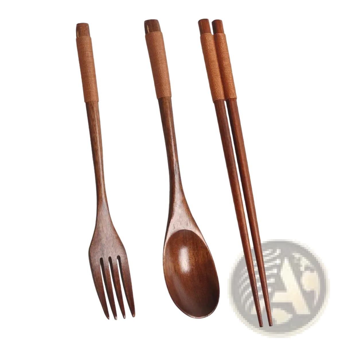 Set of three eco-friendly wooden flatware with rich brown finish and woven textured handles for portable use