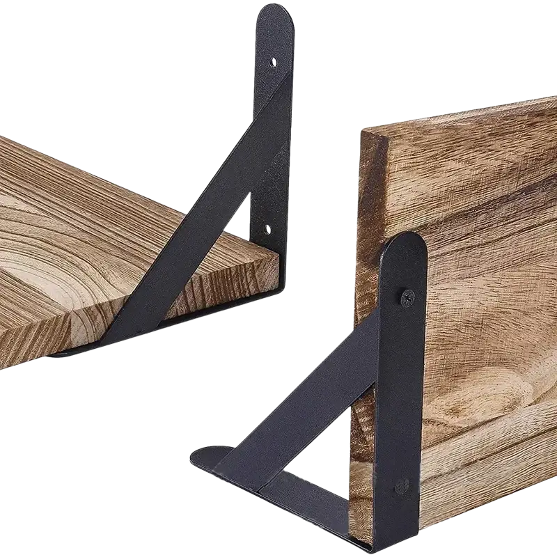Black matte metal wall brackets supporting wooden floating shelves for living room decorative storage rack