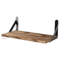 Rustic wooden floating wall shelves storage rack with black metal brackets as a decorative element for living room