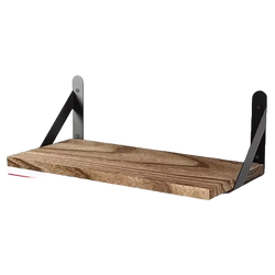 Rustic wooden floating wall shelves storage rack with black metal brackets as a decorative element for living room