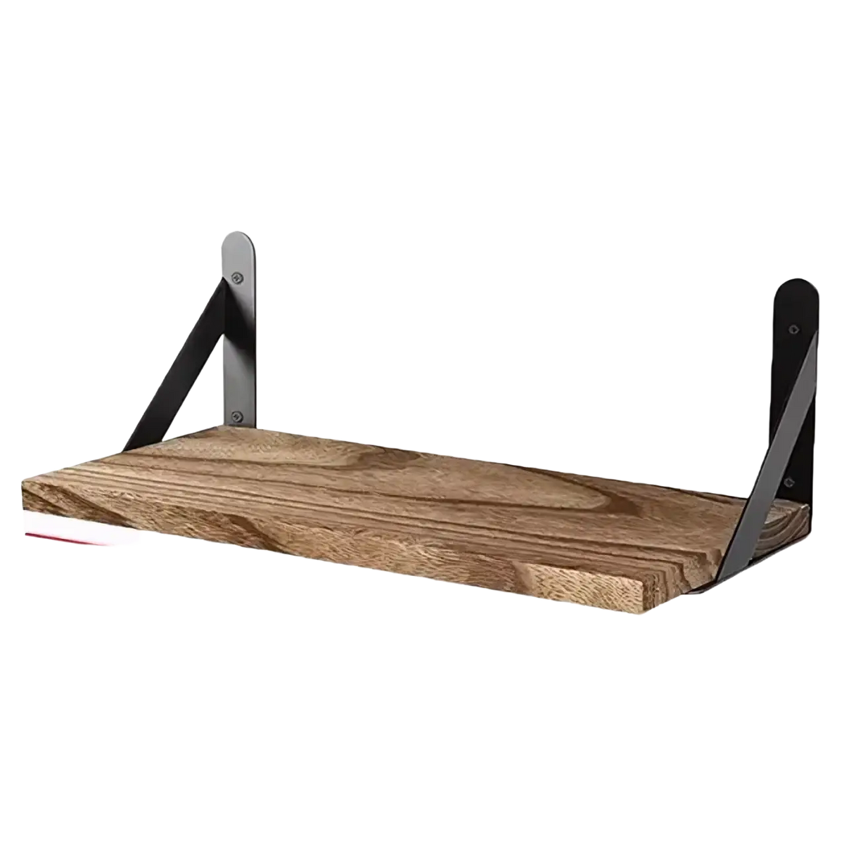 Rustic wooden floating wall shelves storage rack with black metal brackets as a decorative element for living room