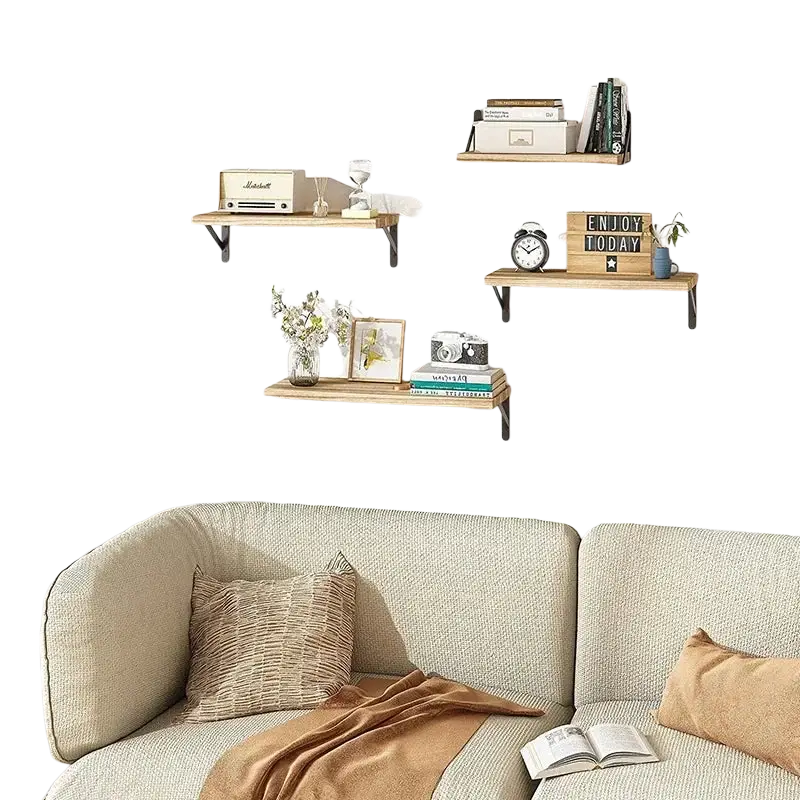 Set of four rustic wooden floating shelves with black metal brackets used as a decorative element and storage rack in living room
