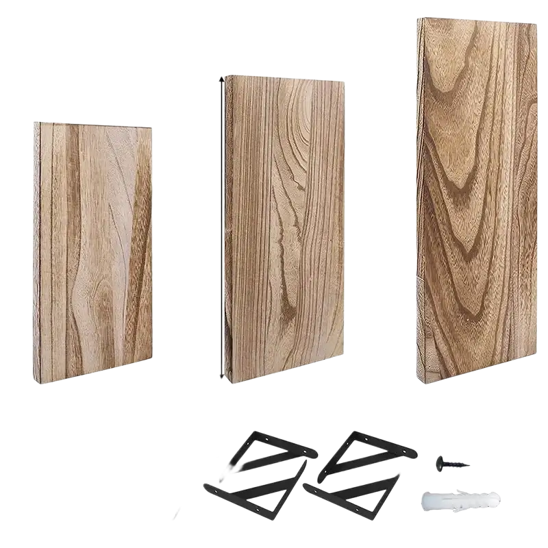 Set of three wooden floating wall shelves with natural wood grain and black metal brackets for living room storage rack and decorative element