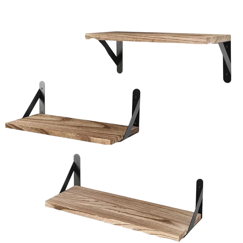 Set of three rustic wooden floating shelves with black metal brackets storage rack for living room decorative element