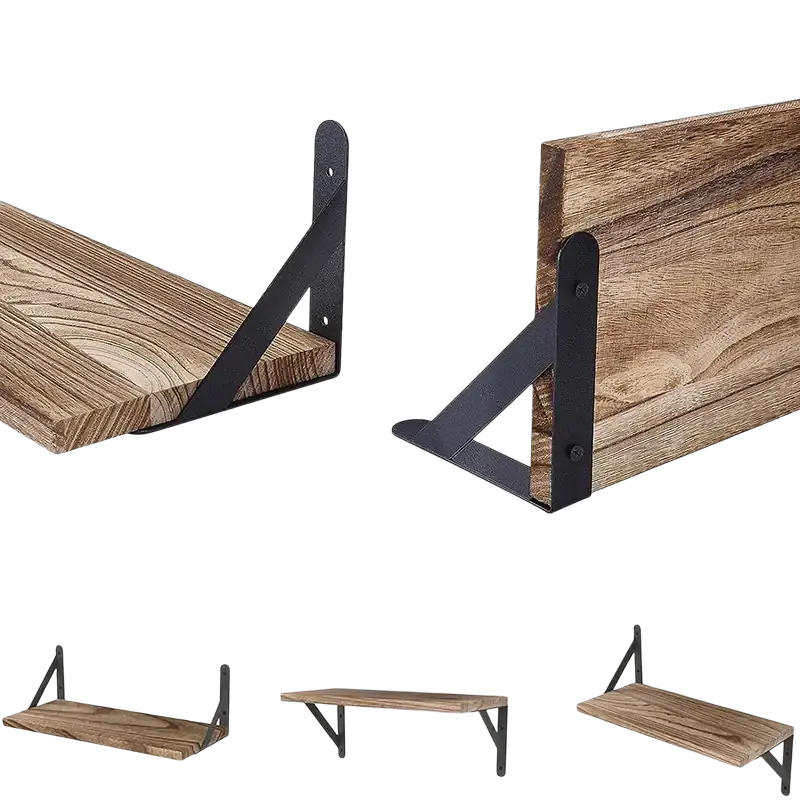 Wooden floating wall shelves storage rack with rustic finish and black metal brackets as a living room decorative element
