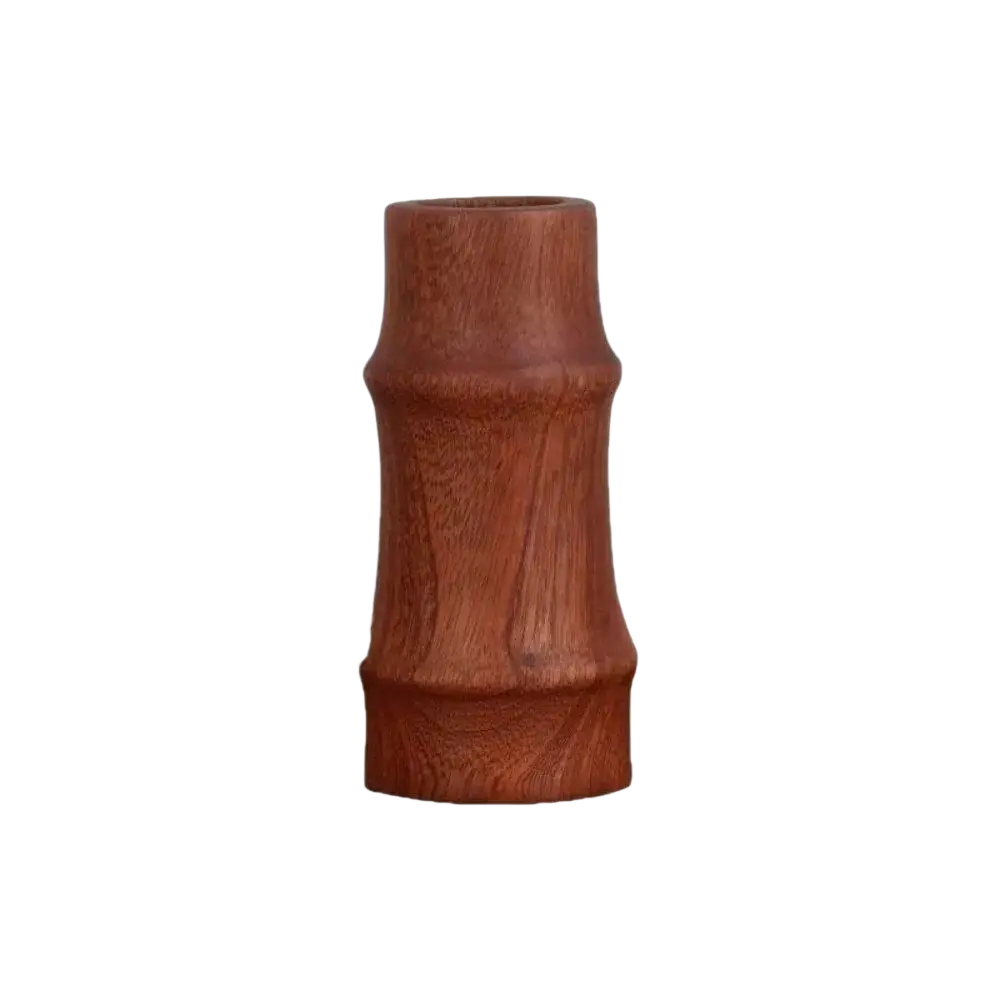 A rustic reddish-brown wooden flower vase with bamboo-inspired design and natural wood grain texture for minimalist decor