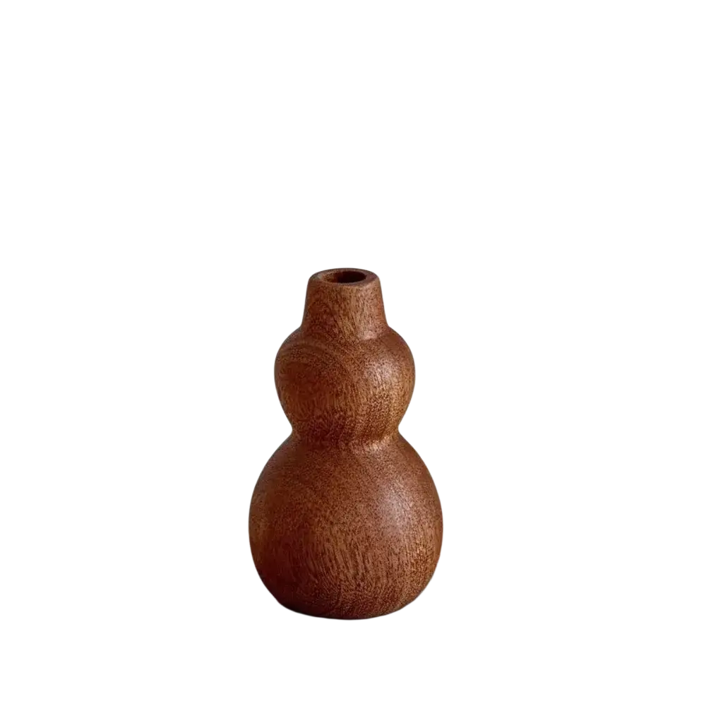 Wooden flower vase minimalist tabletop decor featuring a smooth medium brown gourd shape with natural wood grain finish