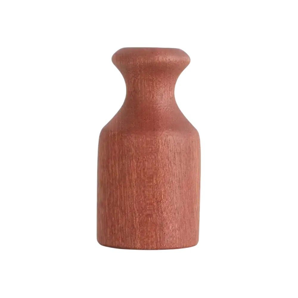 Wooden flower vase minimalist tabletop decor in reddish brown with a smooth rounded neck and subtle grain texture