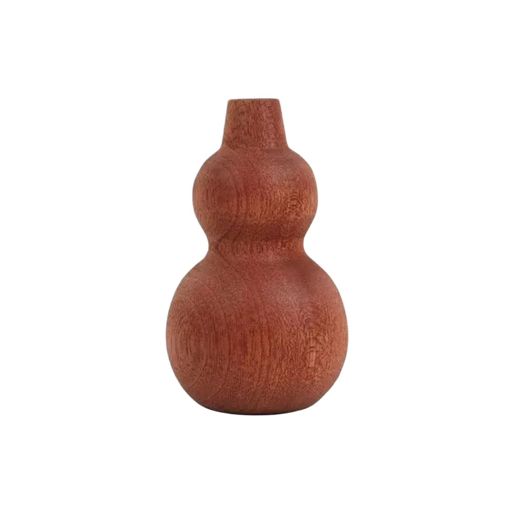 Wooden flower vase minimalist tabletop decor in smooth reddish-brown wood with natural grain and gourd shape