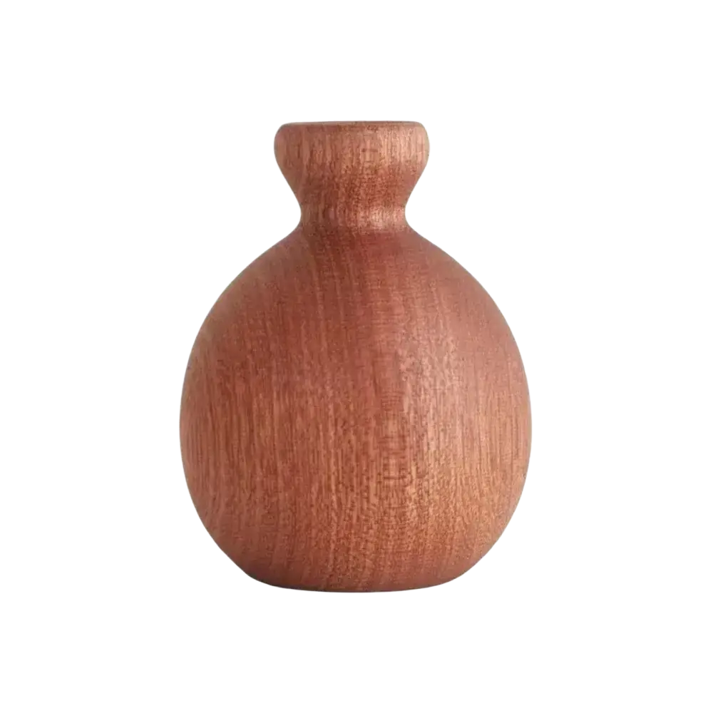 A smooth rounded wooden flower vase with a warm reddish brown finish and visible natural grain for minimalist decor