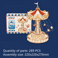 Wooden flying chair carousel 3d puzzle model toy with intricate carvings red and gold accents and hanging swing seats