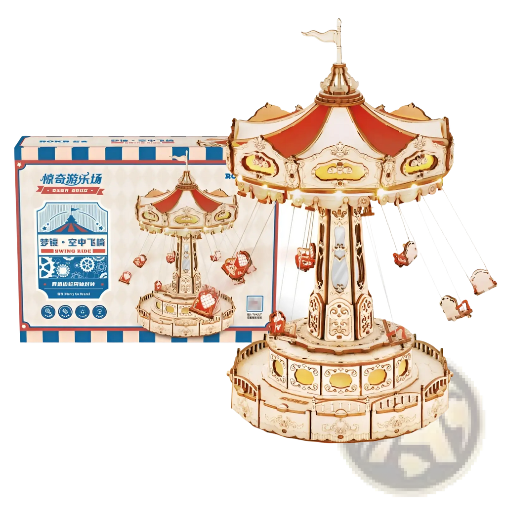 Wooden flying chair carousel 3d puzzle model toy with red cream panels gold detailing and hanging swing seats