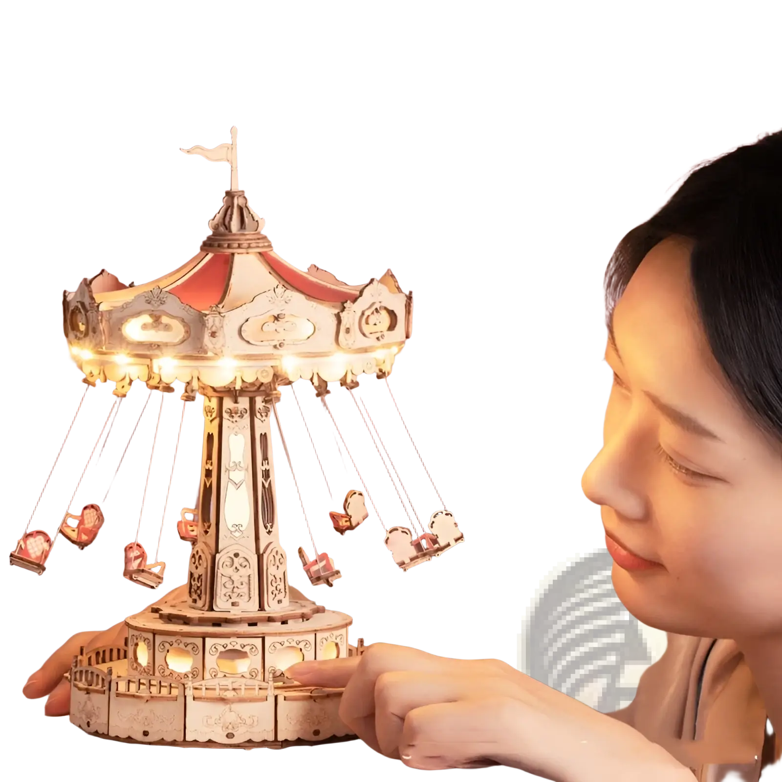 Wooden flying chair carousel 3d puzzle model toy featuring delicately carved wood and warm glowing lights on its canopy