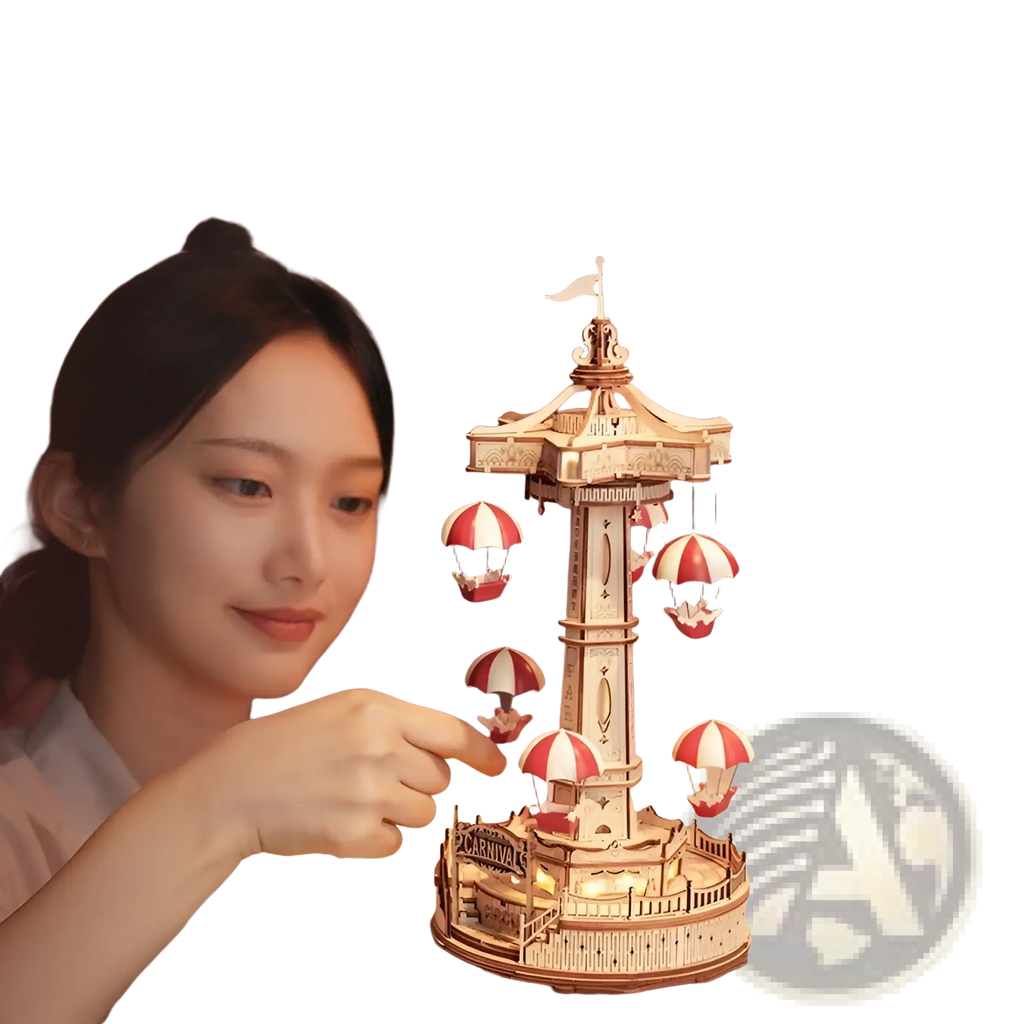 A delicately crafted wooden flying chair carousel 3d puzzle model toy with red and white striped canopy tents