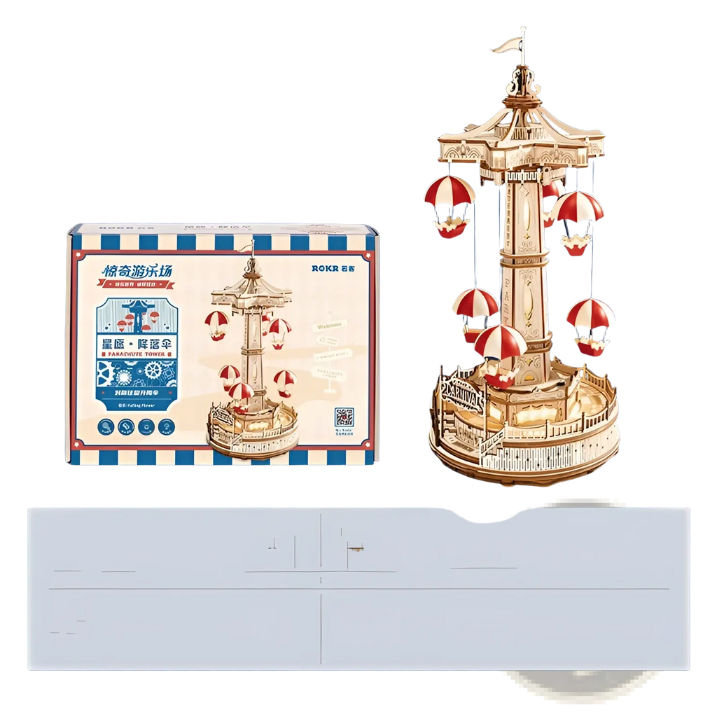 Wooden flying chair carousel 3d puzzle model toy featuring detailed wood construction and red and white parasol decorations