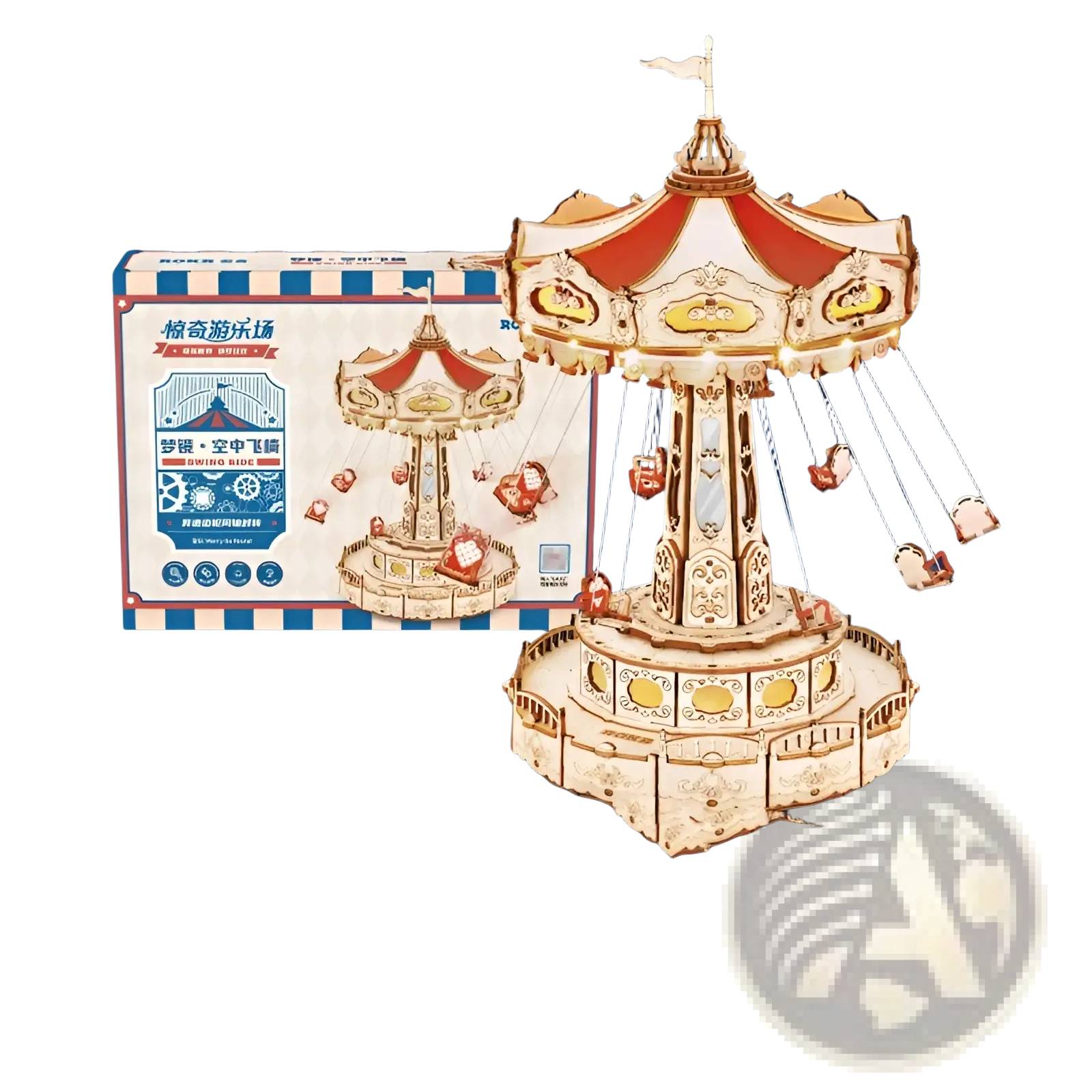 Intricately designed wooden flying chair carousel 3d puzzle model toy with red and gold accents and detailed carvings