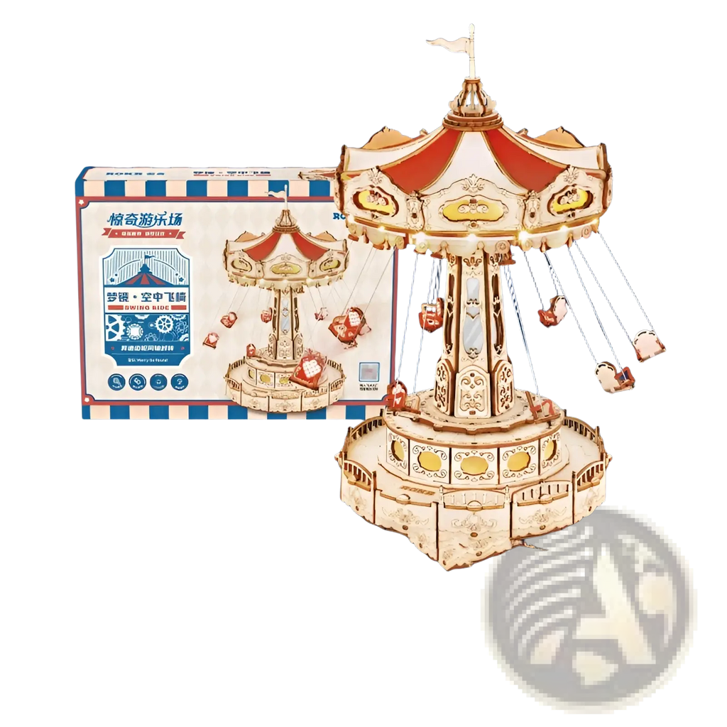 Intricately designed wooden flying chair carousel 3d puzzle model toy with red and gold accents and detailed carvings