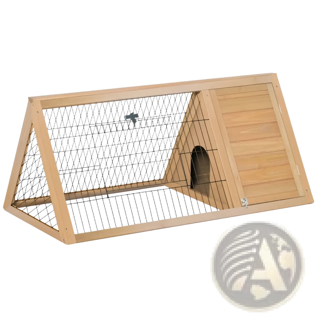 Light brown wooden a-frame rabbit hutch with wire mesh sides and slanted roof for outdoor small animals