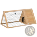 Light brown wooden a-frame rabbit hutch with wire mesh sides and slanted roof for outdoor small animals