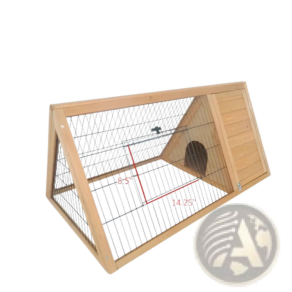 Light brown wooden a-frame rabbit hutch with wire mesh sides and slanted roof for outdoor small animals
