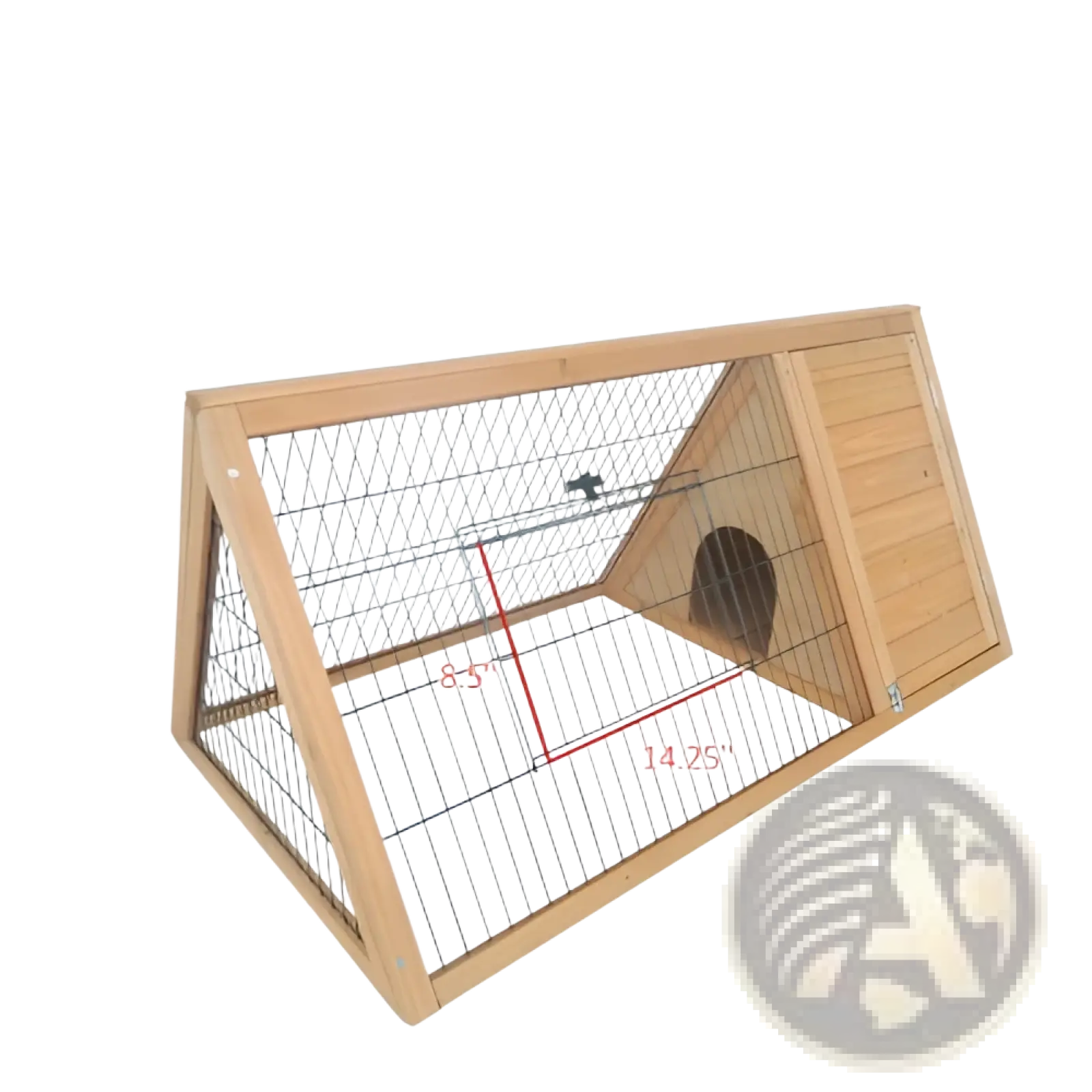Light brown wooden a-frame rabbit hutch with wire mesh sides and slanted roof for outdoor small animals