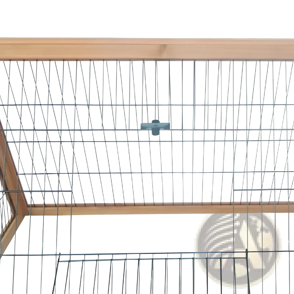 Wooden a-frame rabbit hutch with wire mesh and metal crossbars showing the back side locking mechanism