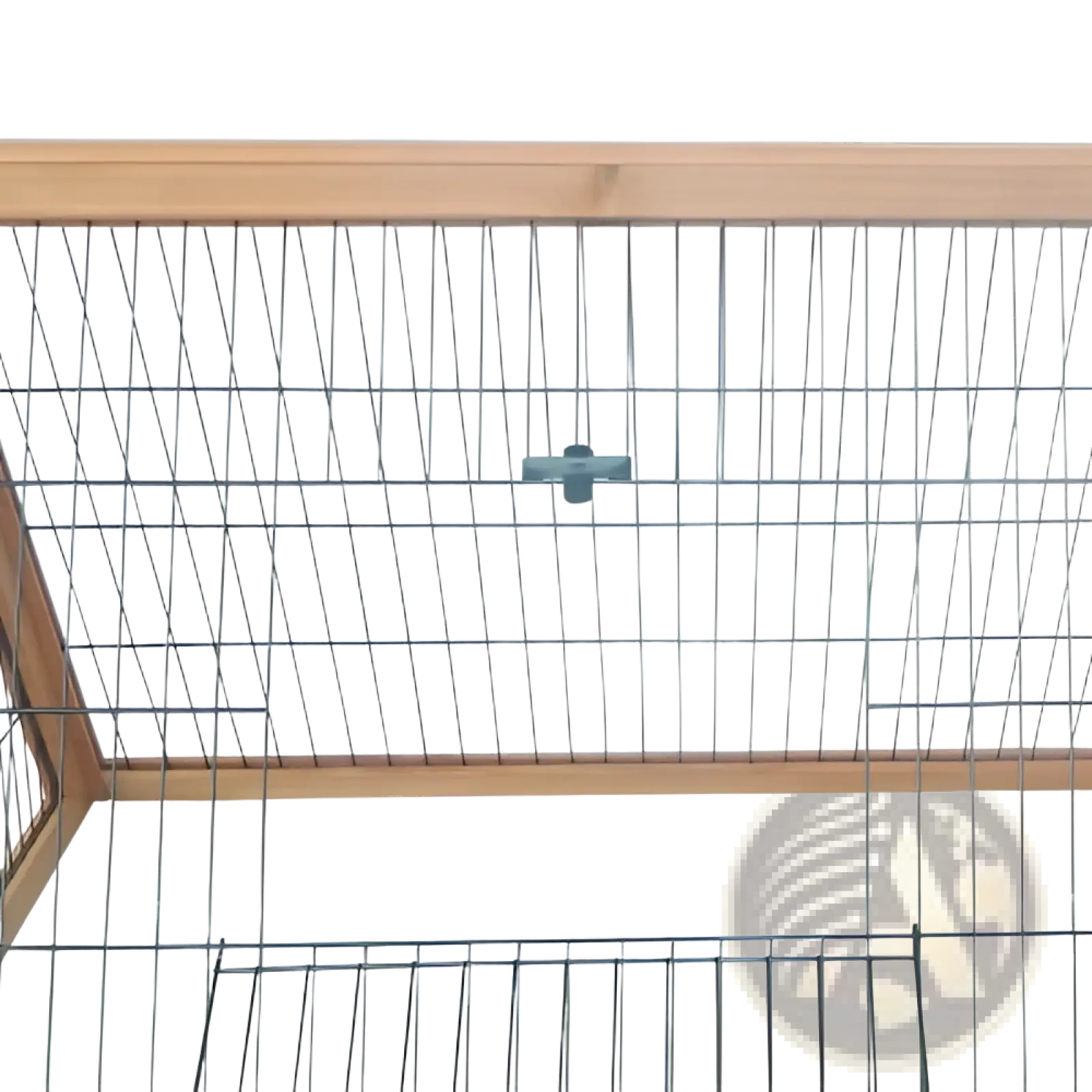 Wooden a-frame rabbit hutch with wire mesh and metal crossbars showing the back side locking mechanism