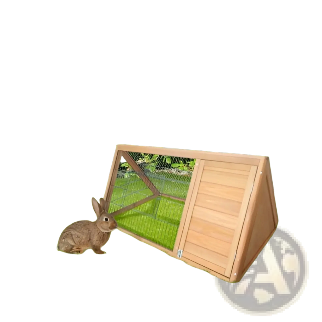 Wooden a-frame rabbit hutch with slanted roof wire mesh sides and natural wood paneling for outdoor small animals