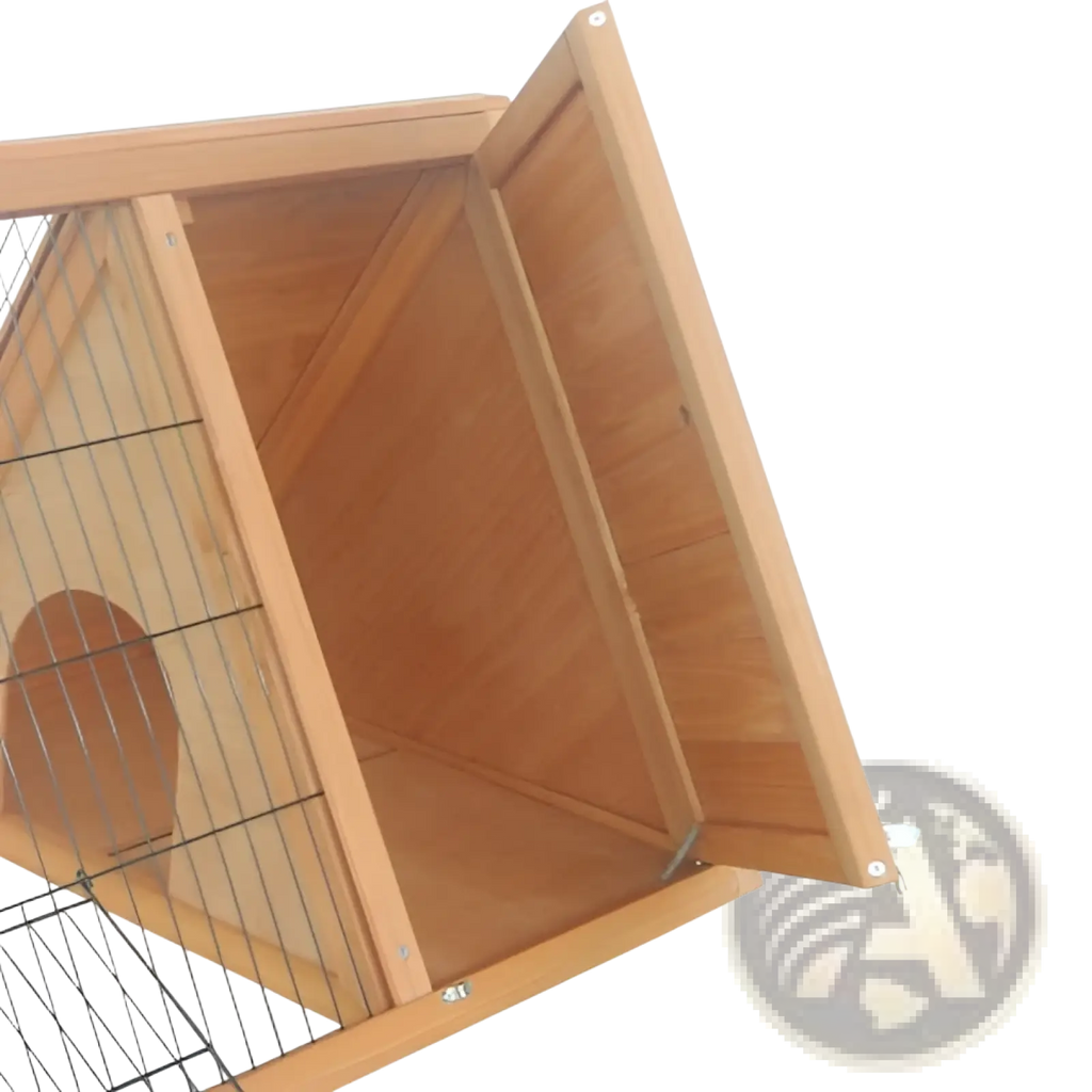 Light brown wooden a-frame rabbit hutch with wire mesh front and arched entrance for outdoor small animals