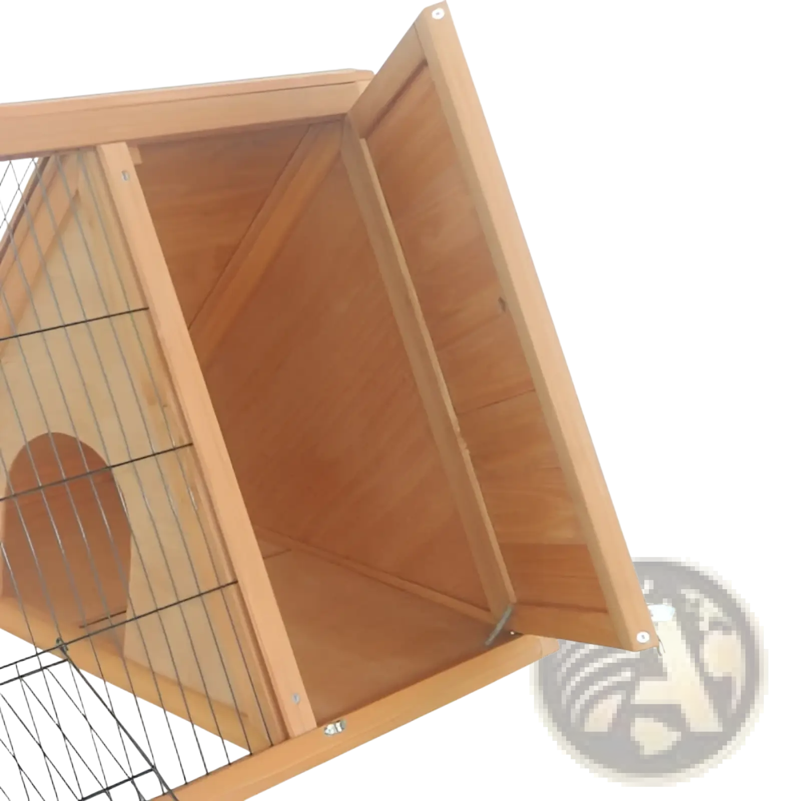 Light brown wooden a-frame rabbit hutch with wire mesh front and arched entrance for outdoor small animals