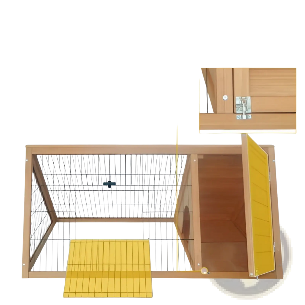 Wooden A-frame rabbit hutch with lockable doors and yellow wire flooring designed for outdoor small animals
