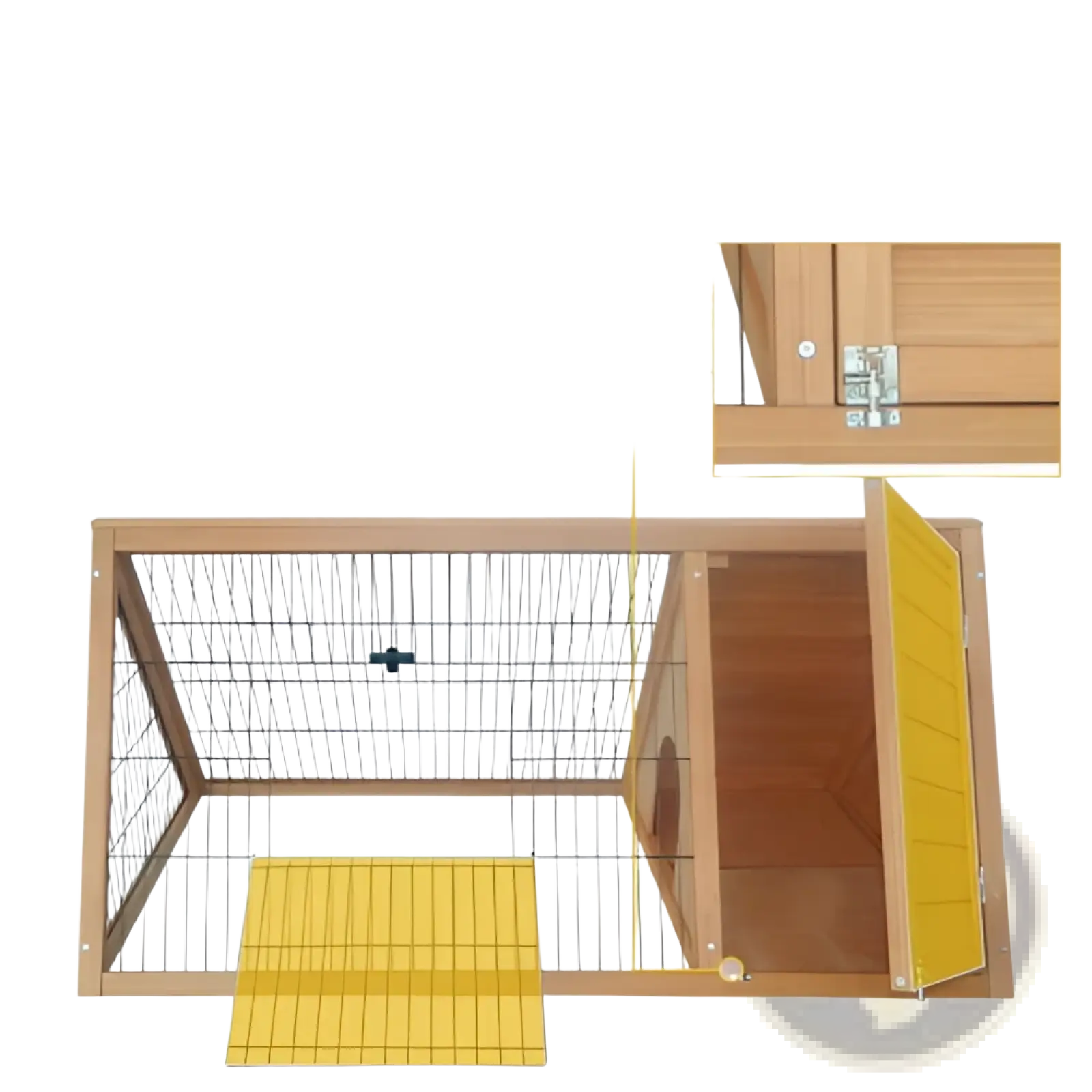 Wooden A-frame rabbit hutch with lockable doors and yellow wire flooring designed for outdoor small animals