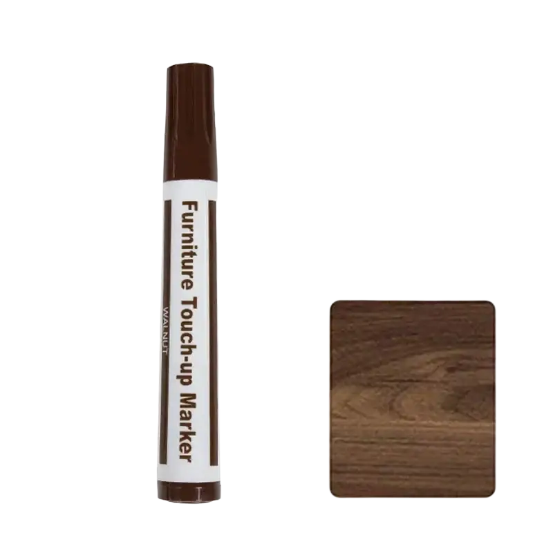 Brown walnut-colored wooden furniture repair paint pen with white label and brown cap for scratch restoration
