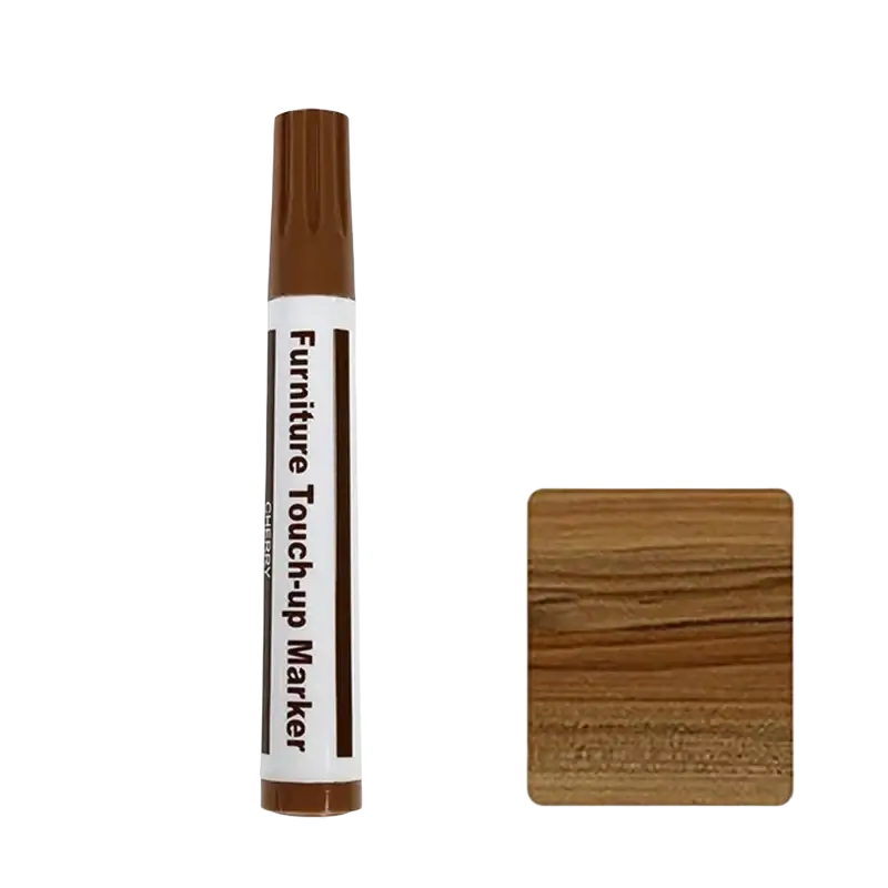 Brown cylindrical wooden furniture repair paint pen with textured cap and white label for cherry wood finish restoration