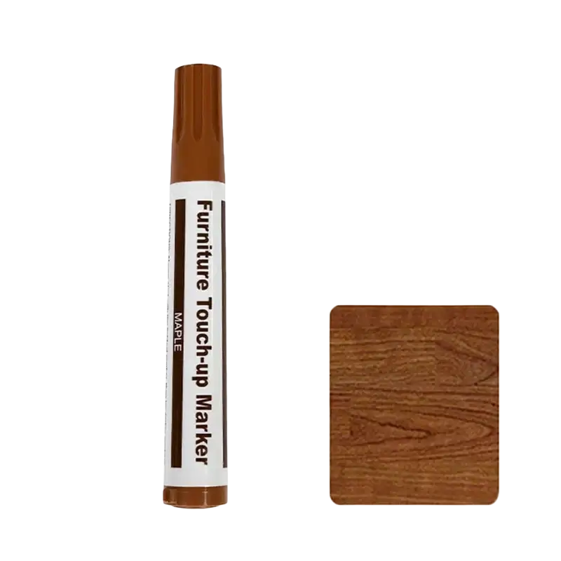 A brown maple wooden furniture repair paint pen with textured cap and white label for scratch restoration