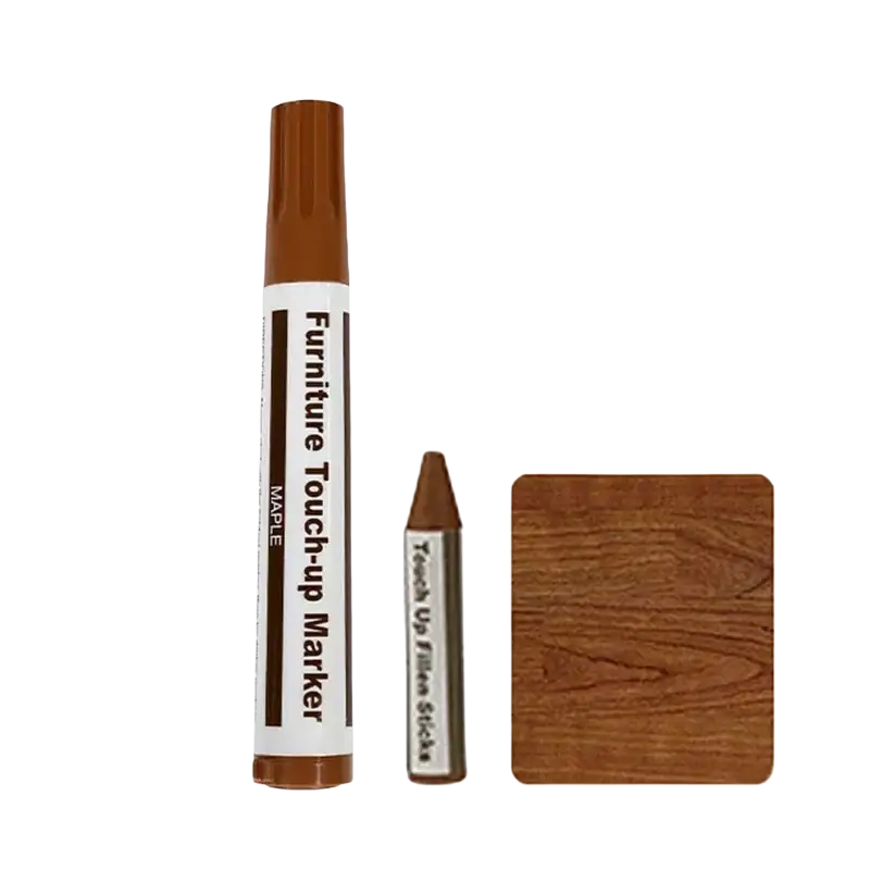 Brown maple wooden furniture repair paint pen with matching stick and wood grain swatch for scratch restoration