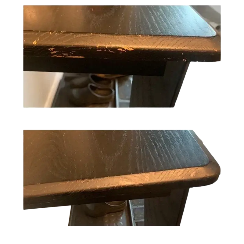 Dark wood table edge with chipped finish restored to smooth uniform stain using wooden furniture repair paint pen