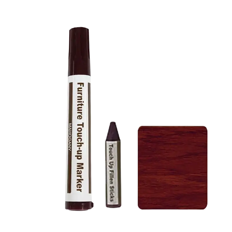 Mahogany-colored wooden furniture repair paint pen with brown cap and matching refill stick for scratch restoration