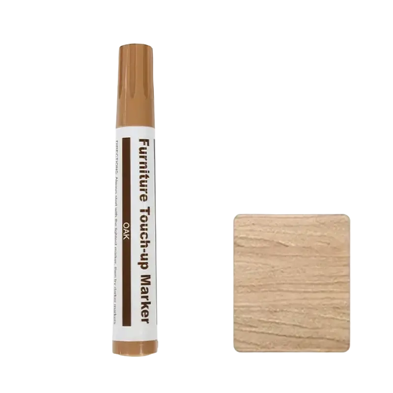 Oak-colored wooden furniture repair paint pen with white label and brown cap for scratch restoration and touch-ups