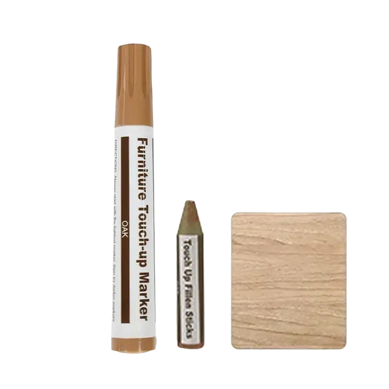 Oak-colored wooden furniture repair paint pen with cylindrical body and matching cap alongside refill stick for scratch restoration