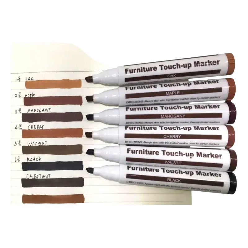 Wooden furniture repair paint pen kit with six brown and white capped furniture repair pens in labeled wood stain colors