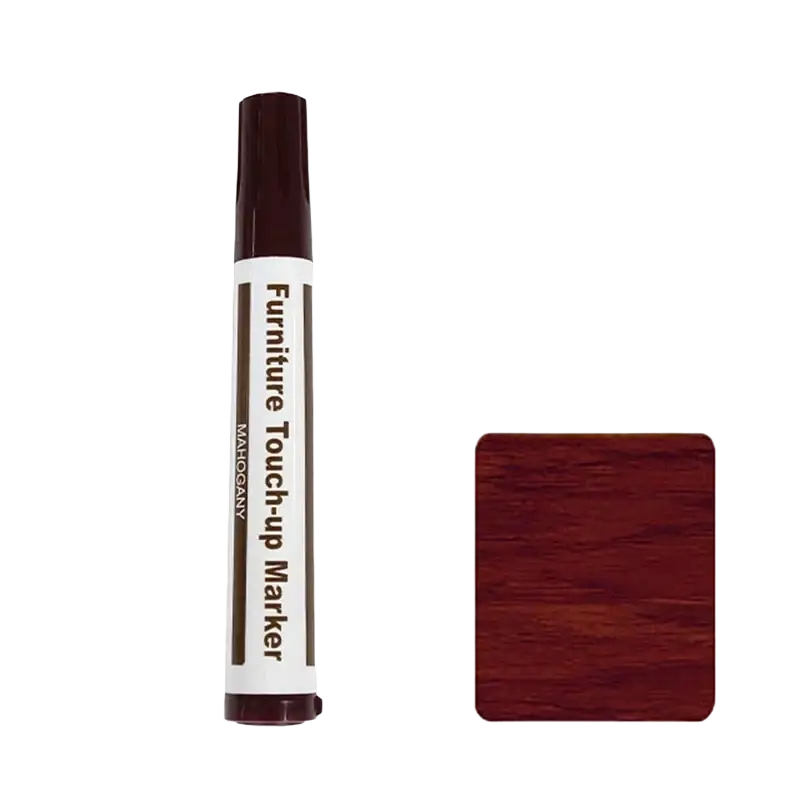 A sleek mahogany wooden furniture repair paint pen with dark brown cap and white label for scratch restoration